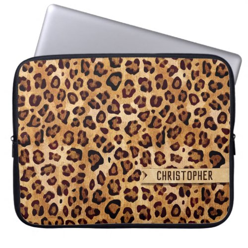 Rustic Texture Leopard Print Add Name Laptop Sleeve