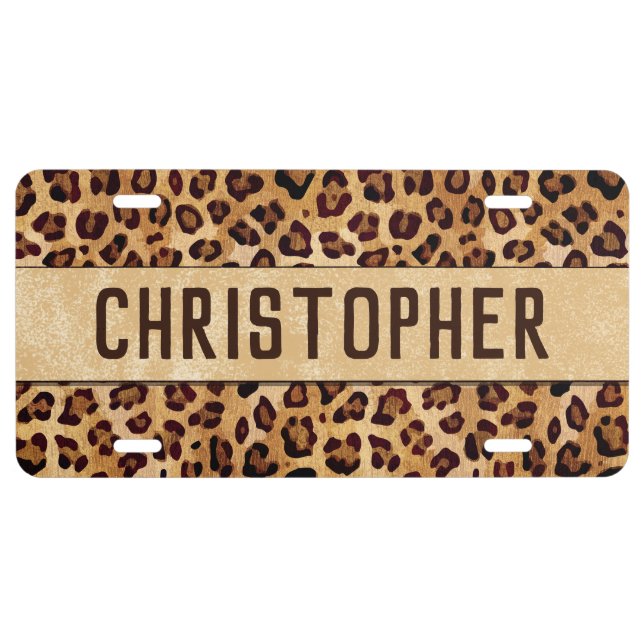 Rustic Texture Leopard Print Add Name License Plate (Front)