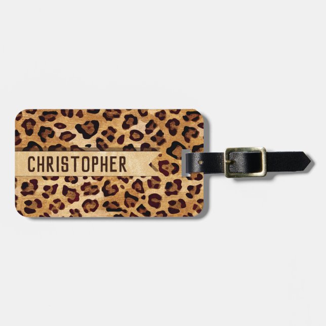 Rustic Texture Leopard Print Add Name Luggage Tag (Front Horizontal)