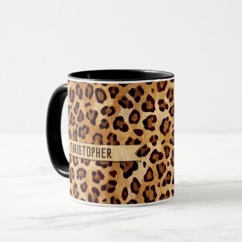 Rustic Texture Leopard Print Add Name Mug by ironydesigns at Zazzle