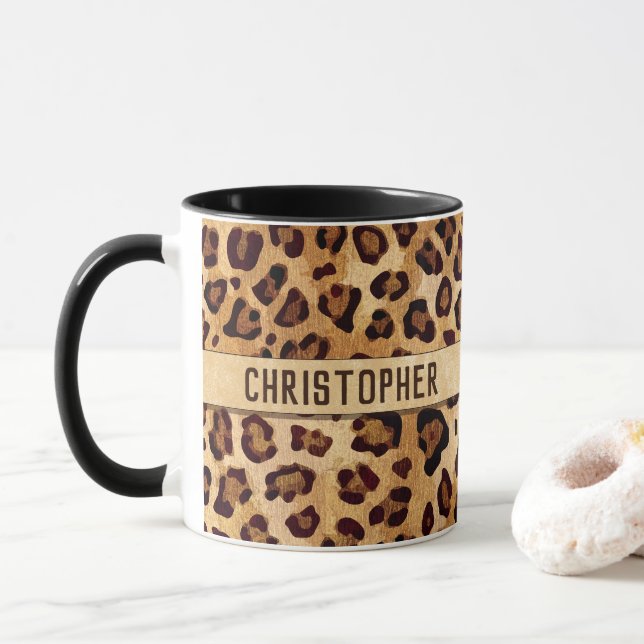 Rustic Texture Leopard Print Add Name Mug (With Donut)