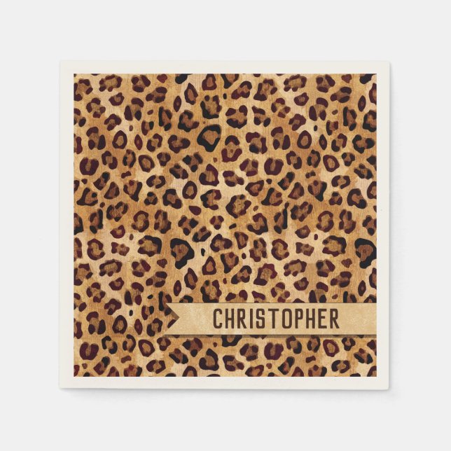 Rustic Texture Leopard Print Add Name Napkins (Front)