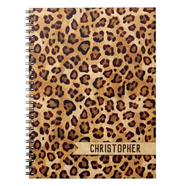 Rustic Texture Leopard Print Add Name Notebook (Front)