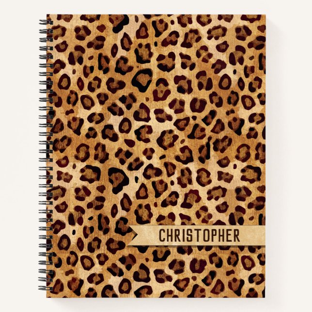 Rustic Texture Leopard Print Add Name Notebook (Front)