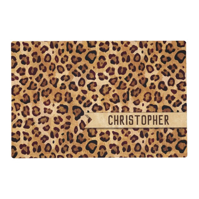 Rustic Texture Leopard Print Add Name Placemat (Front)