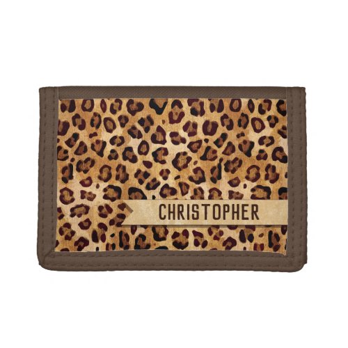 Rustic Texture Leopard Print Add Name Trifold Wallet