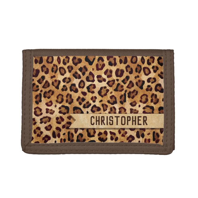 Rustic Texture Leopard Print Add Name Trifold Wallet (Front)