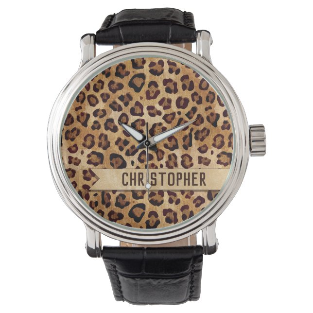 Rustic Texture Leopard Print Add Name Watch (Front)