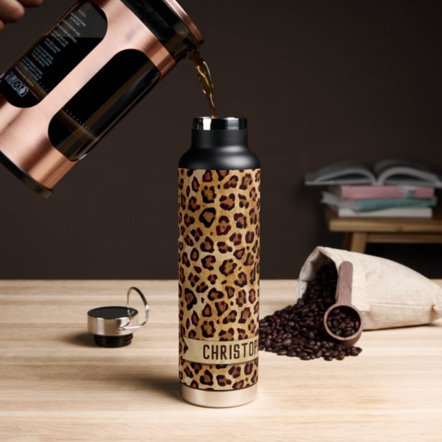Rustic Texture Leopard Print Add Name Water Bottle (Insitu (Coffee))