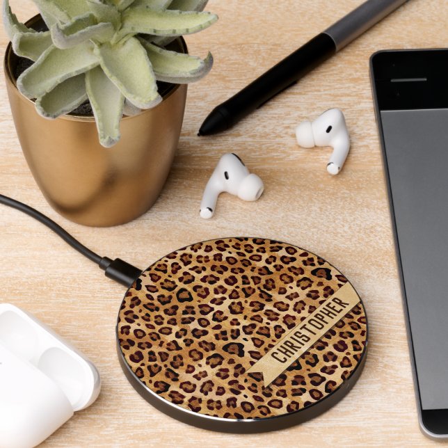 Rustic Texture Leopard Print Add Name Wireless Charger (Desk 2)
