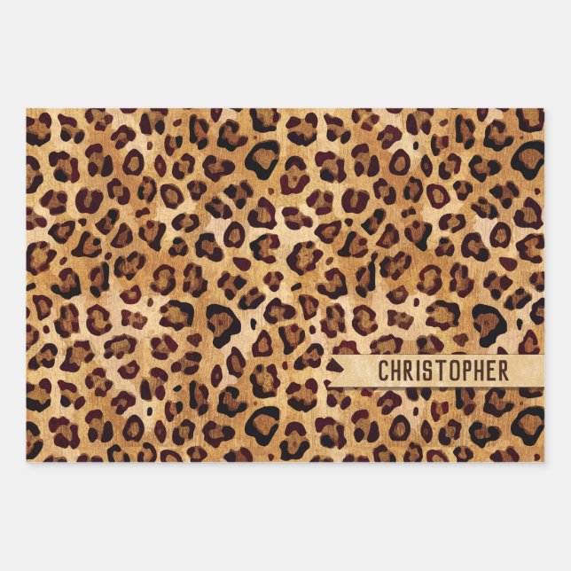Rustic Texture Leopard Print Add Name Wrapping Paper Sheets (Front)