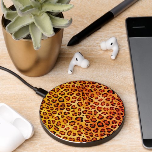 Rustic Texture Leopard Print Orange Wireless Charger