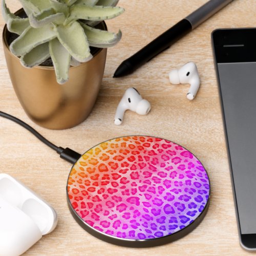 Rustic Texture Leopard Print Rainbow Wireless Charger