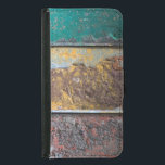 Rustic Texture With Flaking Paint On Rusty Metal Wallet Phone Case For Samsung Galaxy S5<br><div class="desc">A phone wallet with a cool looking rustic texture as a background. Horizontal stripes of red yellow and green paint flaking and peeling off a rusted old metal wall. Looks old and weathered and faded.</div>