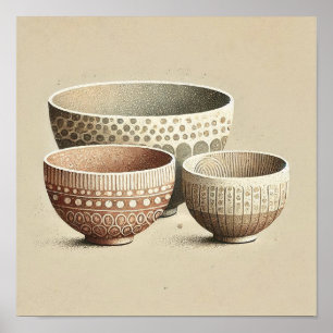 Rustic Textured Ceramic Bowls with Boho Patterns Poster