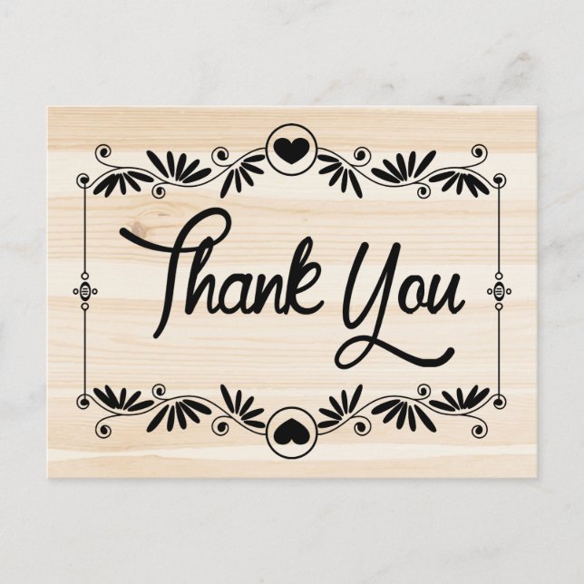 Rustic Thank You Black Heart Wood Grain Floral Postcard (Front)
