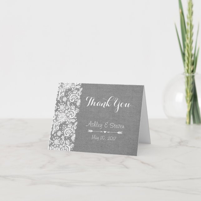 Rustic Thank You Card - Gray Burlap and Lace (Front)
