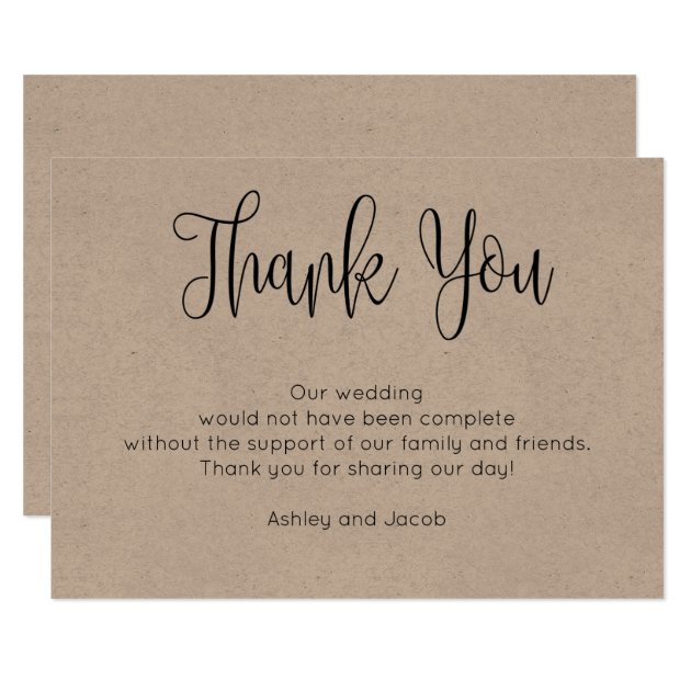 Rustic Thank You Card. Kraft Wedding Note Simple Card