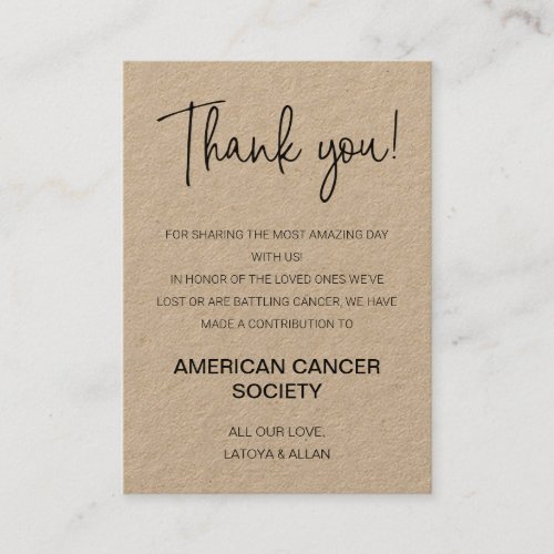 Rustic Thank You Donate To Charity Wedding  Place Card
