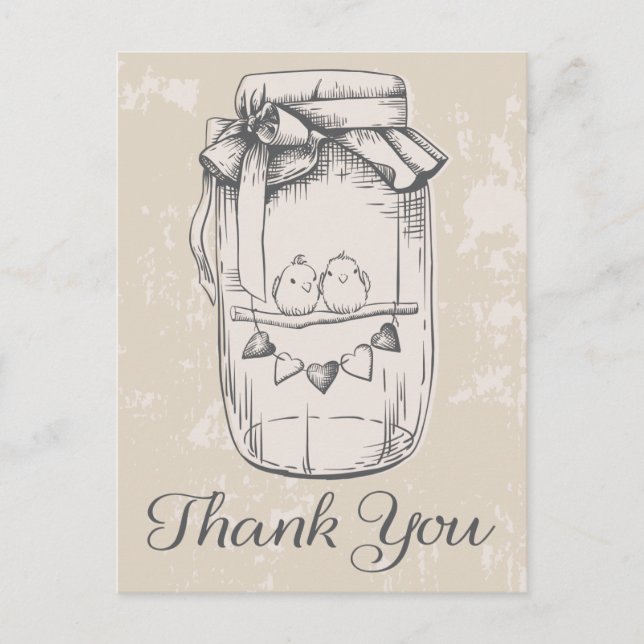 Rustic Thank You Mason Jar Lovebirds Tan Wedding Postcard (Front)
