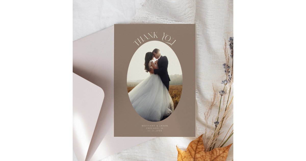 Rustic Thank You Oval Frame Brown Wedding Photo Card | Zazzle