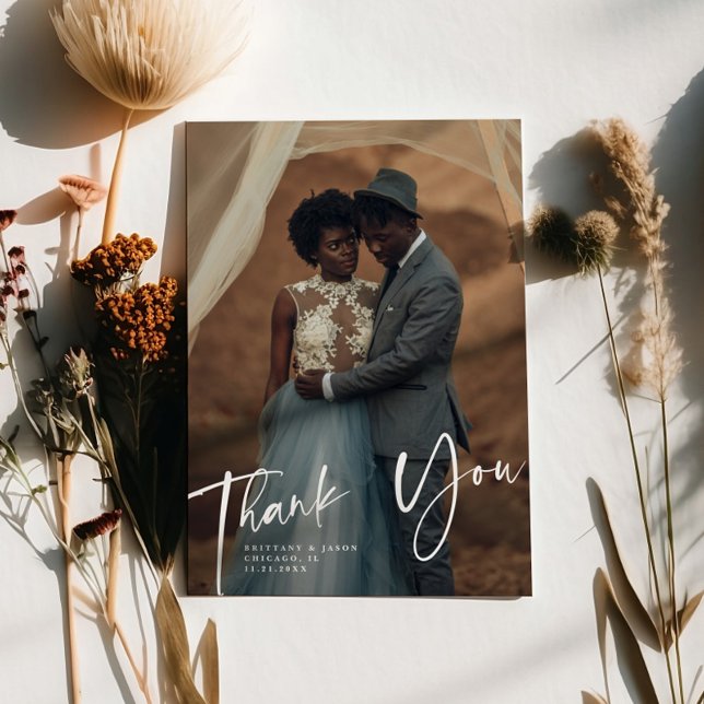 Rustic Thank You Script Wedding Vertical Photo Card (Creator Uploaded)