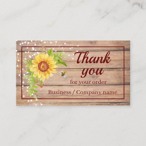 Rustic Thank You Watercolor Yellow Sunflower Business Card