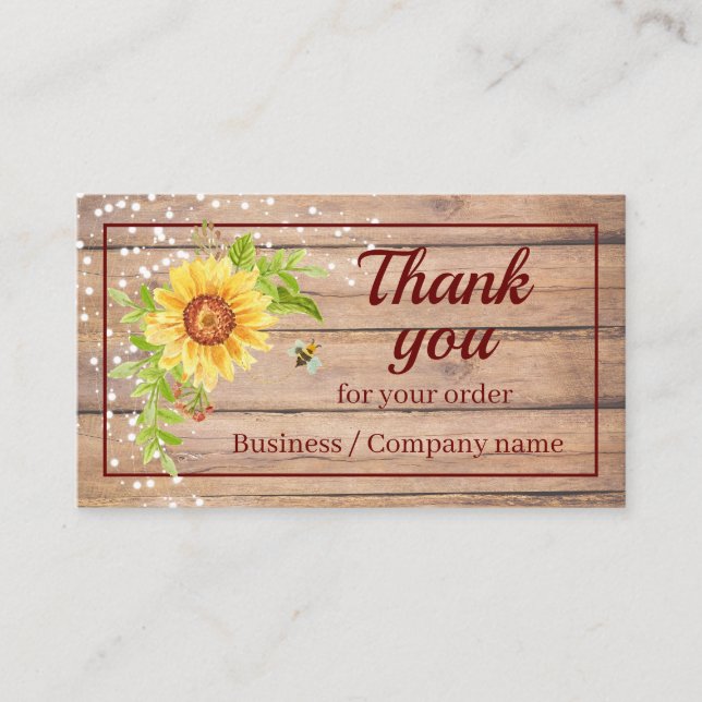 Rustic Thank You Watercolor Yellow Sunflower Business Card (Front)