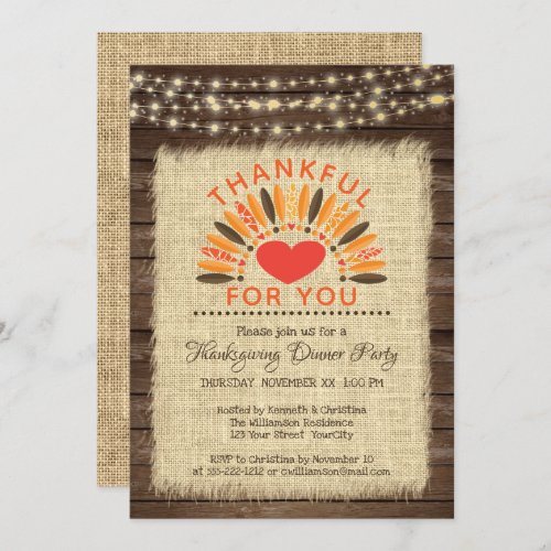 Rustic THANKFUL FOR YOU Thanksgiving Dinner Invitation