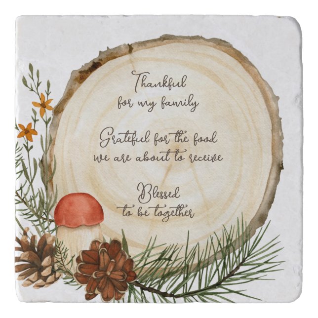 Rustic Thankful Grateful Blessed Mushroom Pinecone Trivet (Front)