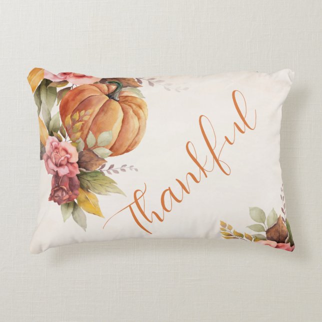 Rustic Thankful Pumpkin Floral Thanksgiving Accent Pillow (Front)
