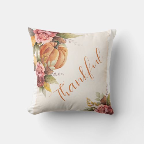 Rustic Thankful Pumpkin Floral Thanksgiving Throw Pillow