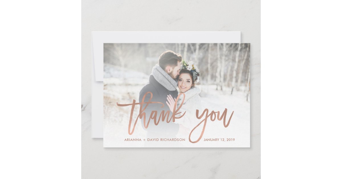 Rustic Thanks | Faux Rose Gold Wedding Photo Thank You Card | Zazzle