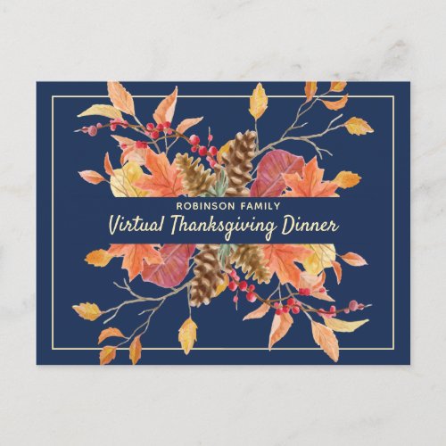 Rustic Thanksgiving Autumn Leaves Virtual Dinner Invitation Postcard