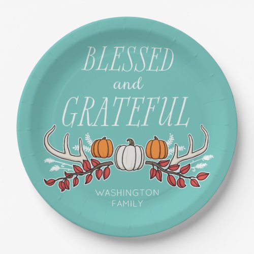 Rustic Thanksgiving Blessed Grateful Custom Color Paper Plates