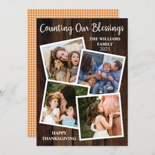 Rustic Thanksgiving Counting Our Blessings 4 Photo Holiday Card
