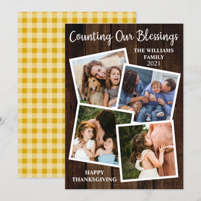 Rustic Thanksgiving Counting Our Blessings 4 Photo Holiday Card (Front/Back)