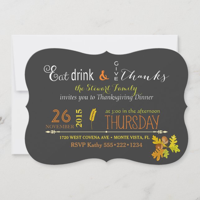 Rustic Thanksgiving Dinner Autumn Chalkboard Invitation (Front)