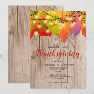 Rustic Thanksgiving Dinner Autumn Leaves Lights Invitation