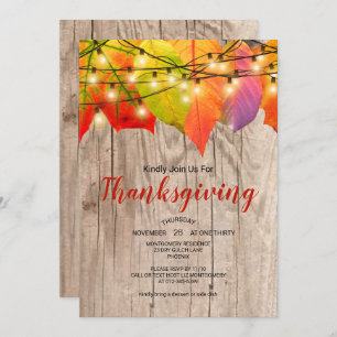 Rustic Thanksgiving Dinner Autumn Leaves  Lights Invitation