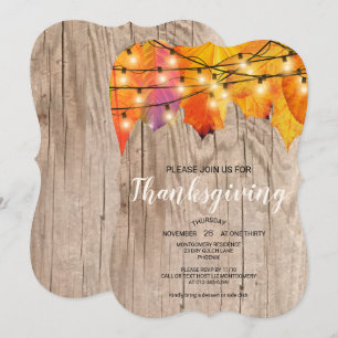 Rustic Thanksgiving Dinner Autumn Leaves  Lights Invitation
