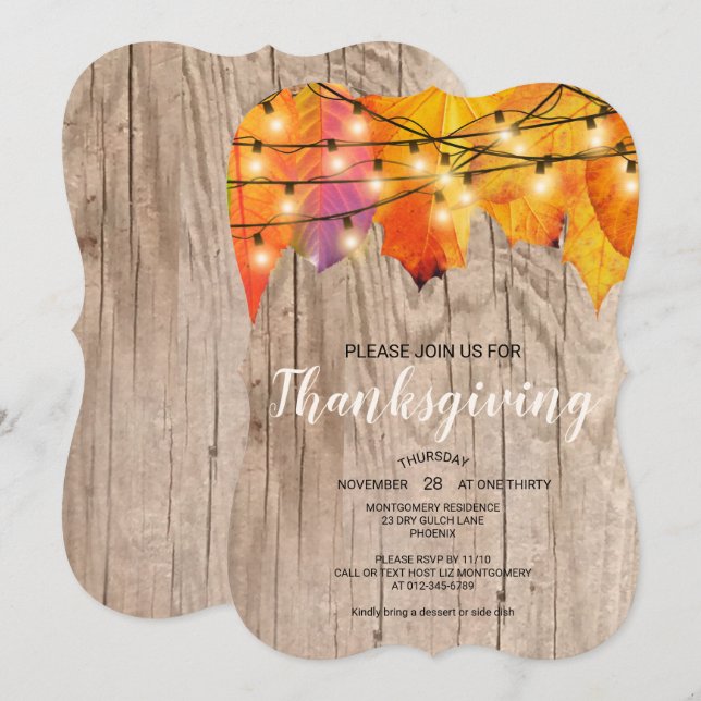 Rustic Thanksgiving Dinner Autumn Leaves  Lights Invitation (Front/Back)