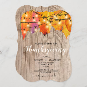 Rustic Thanksgiving Dinner Autumn Leaves Lights Invitation