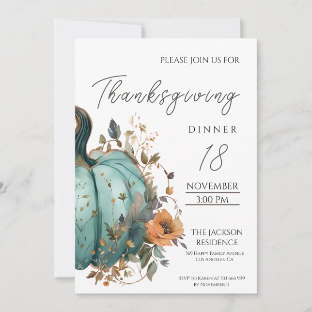Rustic Thanksgiving Dinner Blue Pumpkin Invitation (Front)