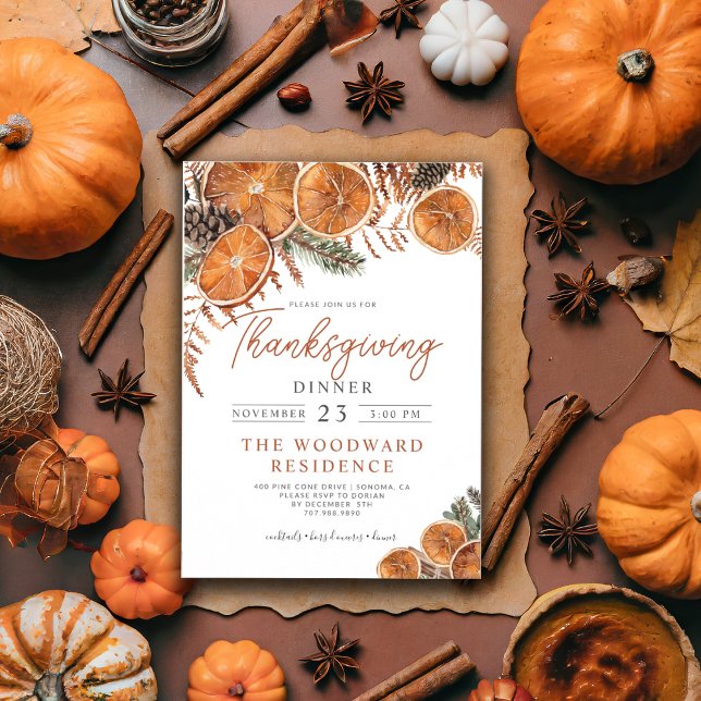 Rustic Thanksgiving Dinner Citrus Pine Invitation (Creator Uploaded)