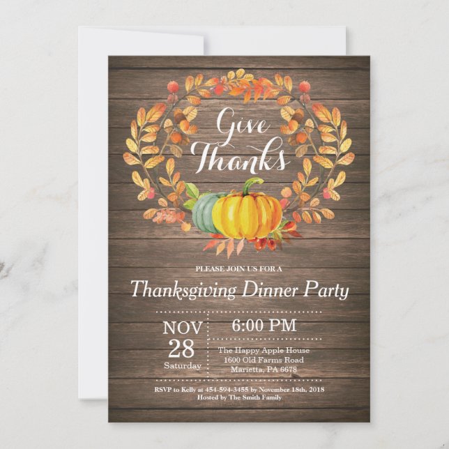 Rustic Thanksgiving Dinner Party Fall Autumn Invitation (Front)