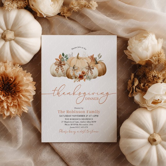 Rustic Thanksgiving Dinner Pumpkin Bows Invitation (Thanksgiving Invitation Pumpkin Patch Design. Pumpkins and bows in earthy tones)