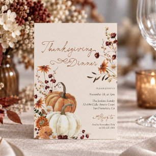 Rustic Thanksgiving Dinner Pumpkin Floral Invitation
