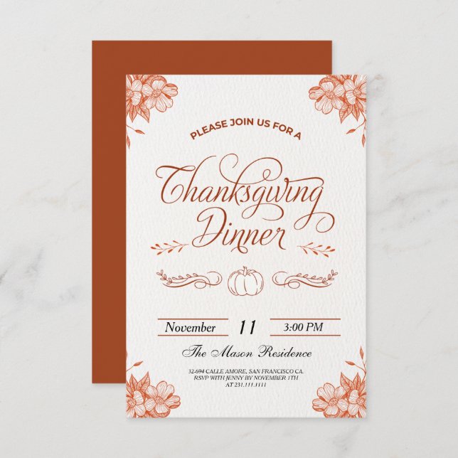 Rustic Thanksgiving Dinner Pumpkin Invitation (Front/Back)