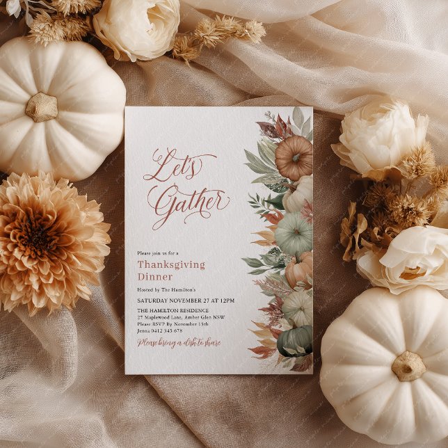 Rustic Thanksgiving Dinner Pumpkin Lets Gather Invitation (Let's Gather! Thanksgiving Dinner invitation with pumpkins, fall leaves and script font)